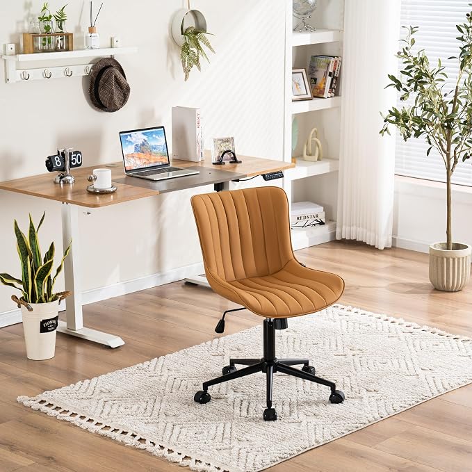 YOUNIKE Office Desk Chair with Wheels Armless Vanity Chair Modern Tan | Faux Leather Upholstered with Rocking Back, Swivel Height Adjustable Small Cute Computer Rolling Task Chair Ergonomic 300lb - Image 7