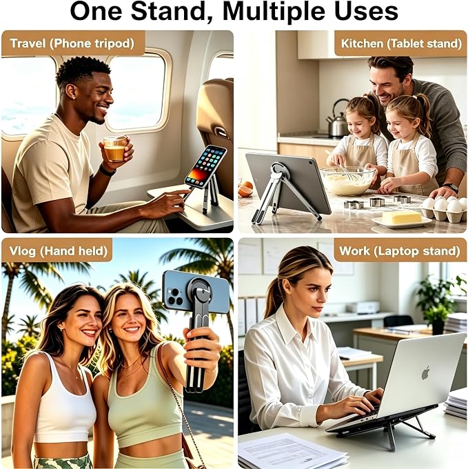 4-in-1 Foldable Laptop Stand with N52 Magnetic Phone Holder, Portable Aluminum Computer Stand for MacBook/ iPad/ Tablet, Adjustable Ergonomic Desk Stand for Home Office College Dorm & Travel Giftable - Image 6