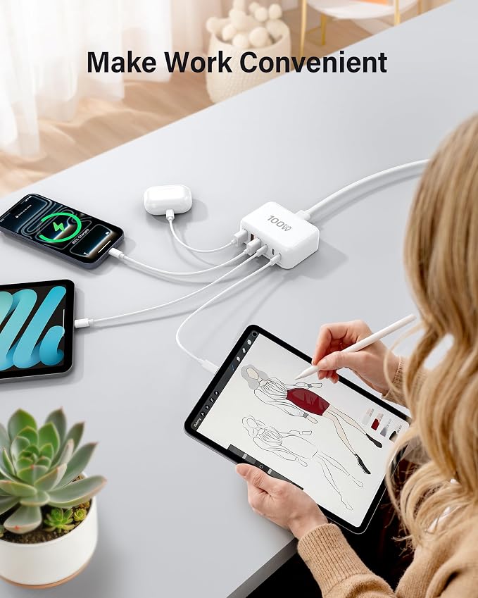 USB C Charger Block, GaN Fast USB Charging Station Hub with 100W Max 6-Port | 3 USB-C & 3 USB-A Compact Desktop Charger for Home Office, PD20W USB Power Strip for iPad iPhone 17 16 15 14 Pro Max Galaxy - Image 5