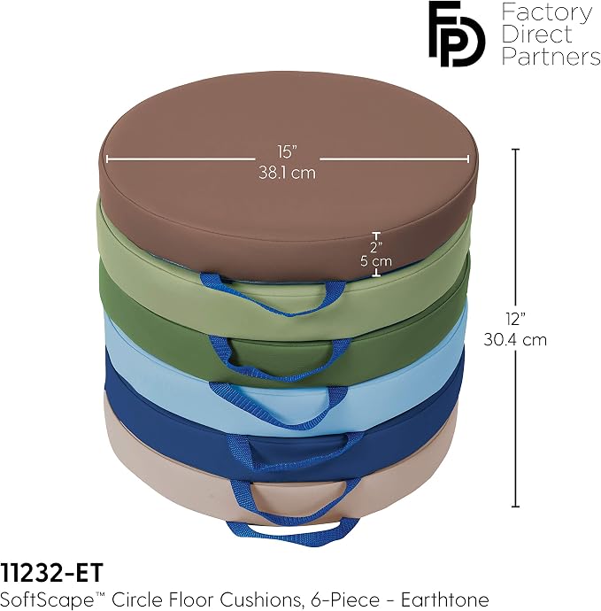 Factory Direct Partners SoftScape 15 inch Round Classroom Floor Cushions with Handles; Flexible Seating for Daycare, Preschool, Playroom; 2 inch Thick Deluxe Foam (6-Piece) - Earthtone, 11232-ET - Image 3