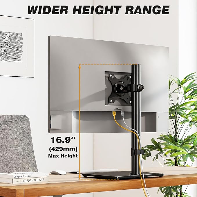 5Rcom Single Monitor Freestanding Stand, Holds Screens 17-35 Inch Regular and Ultrawide, Square Tempered Glass VESA Mount Base, Adjustable Height, Tilt, Swivel, Rotation, Black - Image 4