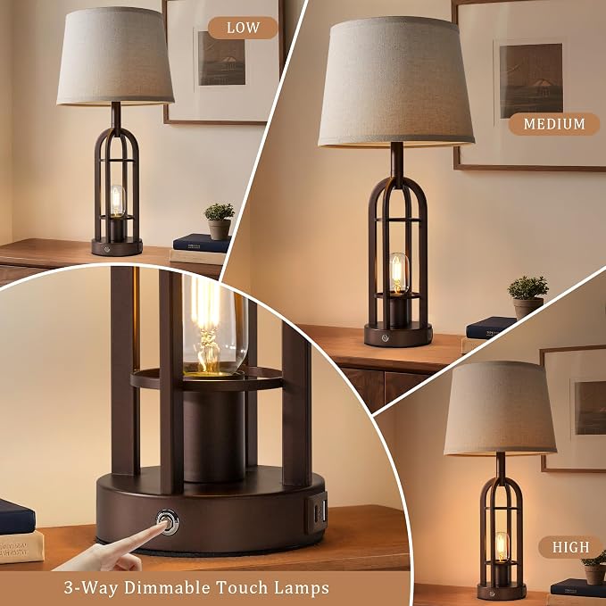 SRJJA 24" Table Lamps for Living Room Set of 2, Rustic Farmhouse 3-Way Dimmable Touch Industrial Bedside Lamps with USB A+C for Bedroom Nightstand，4 Bulbs Included - Image 2