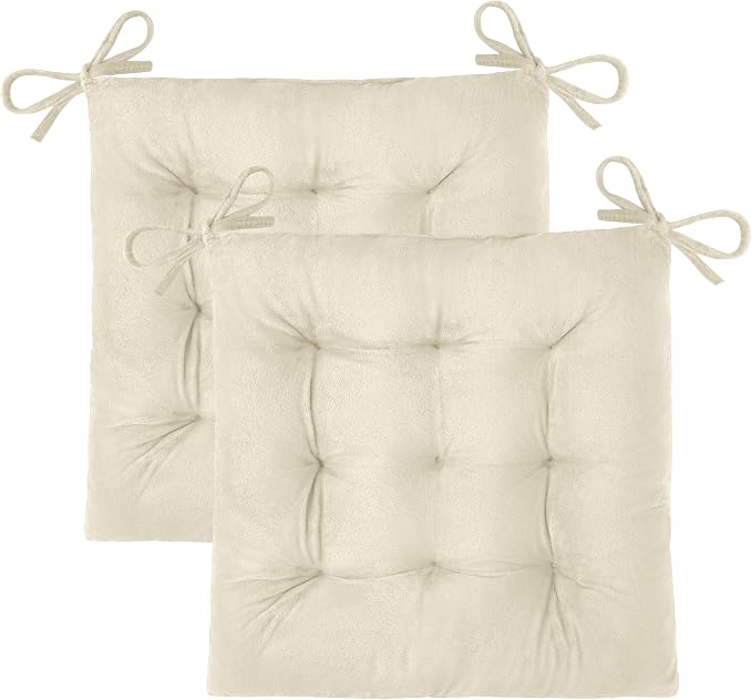 OVOV 2 Pack Chair Cushions for Dining Chairs 15.5"x15.5" Cream | Soft-Touch Velvet Fabric for Farmhouse Decor, Fit for Kitchen Dining Office Chairs, Upgrade Chair Comfort, with Durable Ties by OVOV