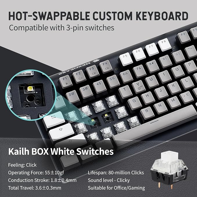 Hexgears GK735 Wired Full Size Mechanical Keyboard, Aluminum Housing Built for Gamers w/Kailh Box White Switch, White Backlit + Surrounded by RGB Light Strip, 104 Keys Gaming Keyboard for PC/Mac - Image 5