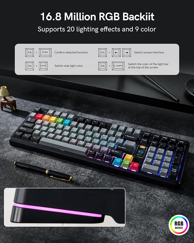 Keymatic Mechanical Keyboard Wireless,98% Pink Creamy Keyboard Gaming Keyboard,3 Mode with Multimedia Screen,RGB Backlit,Black - Image 4