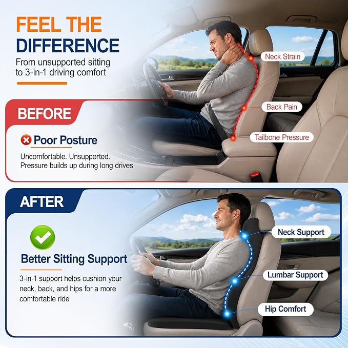 Allaboutsla 2 Piece Car Seat Cushion, Back Support with Car Headrest Pillow | 3-in-1 Memory Foam Car Seat Cushions, Car Lumbar Support with Car Neck Pillow, Seat Support for Long Driving, Trucks, Black - Image 5