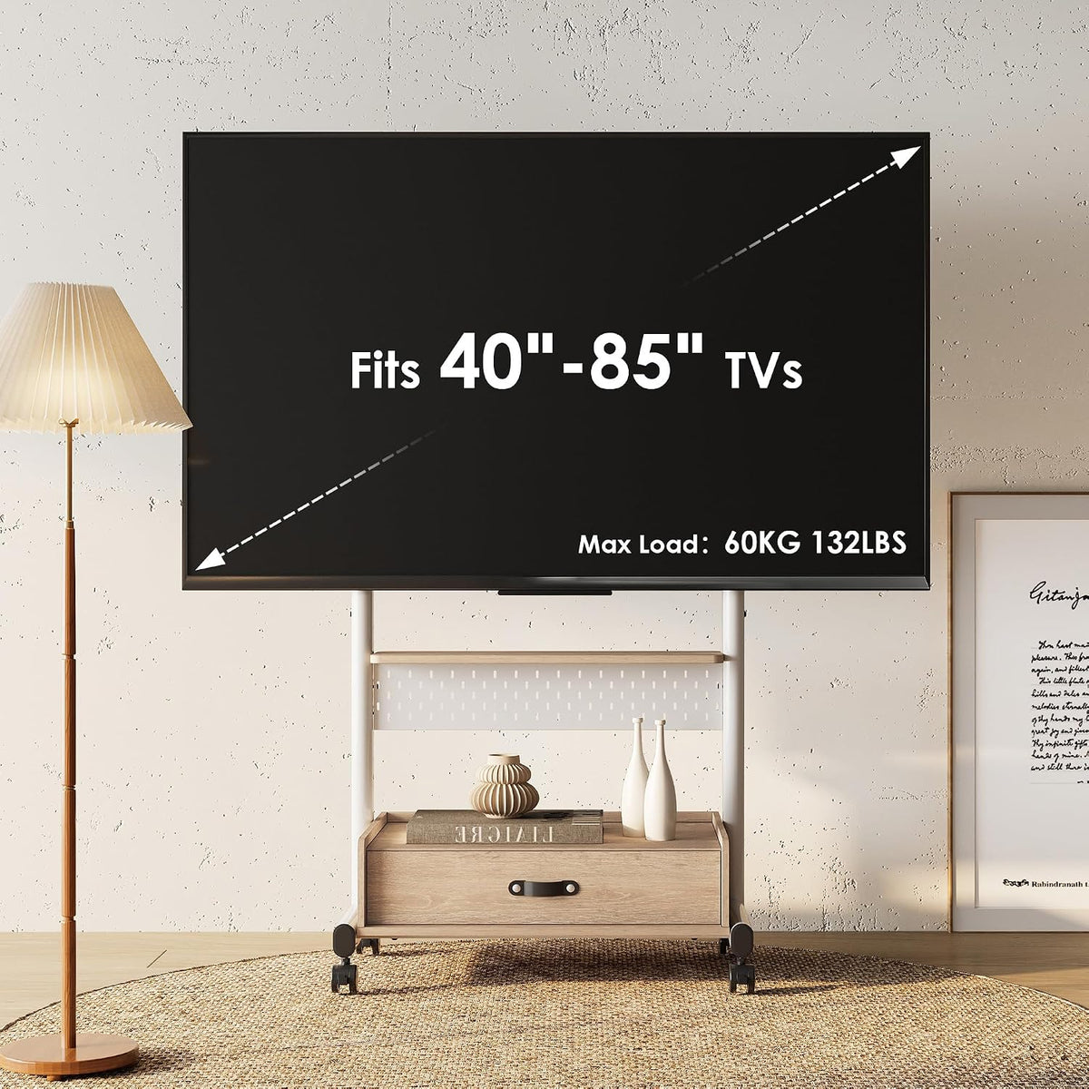 FITUEYES Rolling TV Stand on Wheels Lockable for 40-85 Inch TVs, White - Image 5