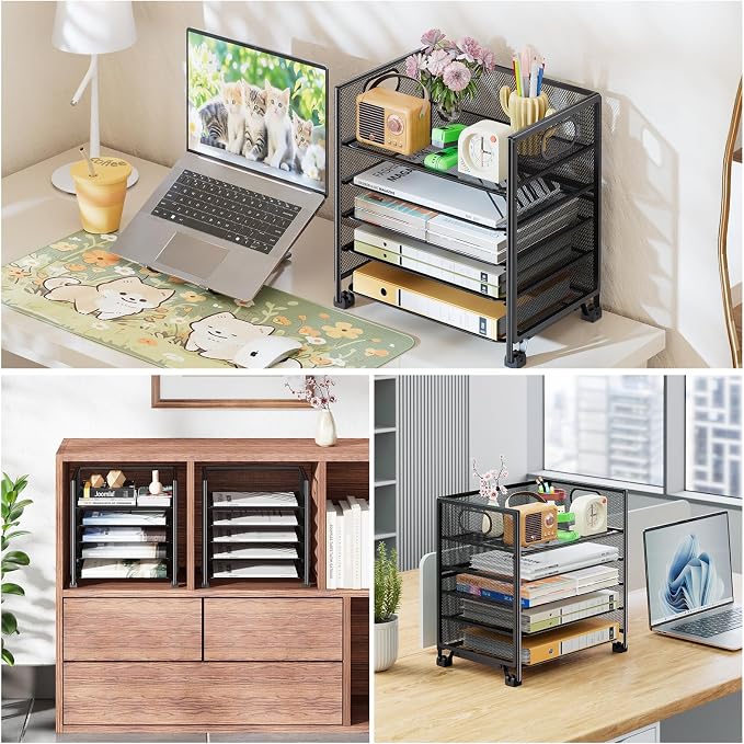 Simple Trending 5-Tier Paper Tray Organizer, File Organizer for Desk, Black | Letter Tray Holder with Handle. Sturdy Metal Frame. Non-slip Feet. Black for Office Home School. 13"L x 9"W x 13"H - Image 7