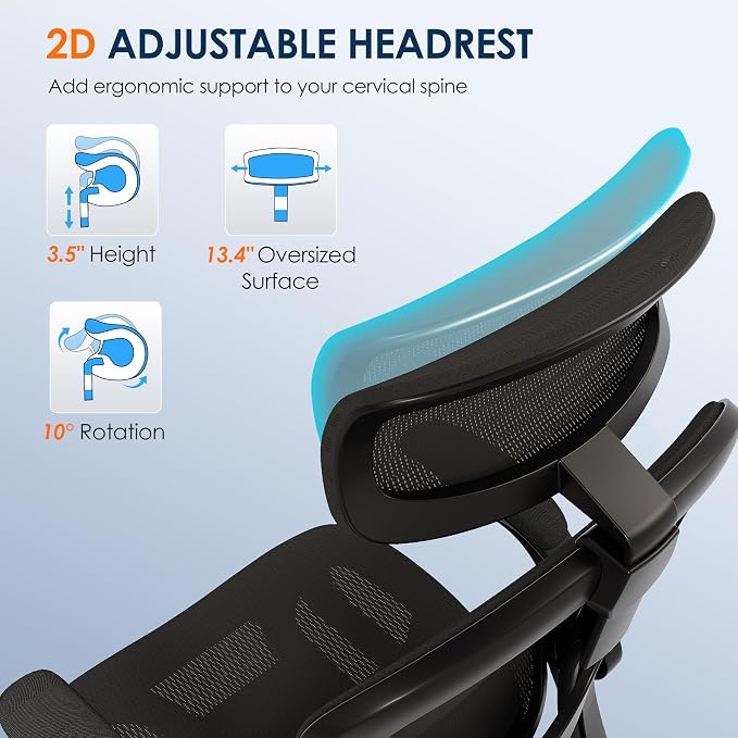 Ergonomic Mesh Office Chair, Adjustable Home Desk Chair with Folding Armrest, 2D Headrest, Soft Seat and PU Wheel, Black Swivel Task Chair for Office, Business, Student (GY1108) - Image 7