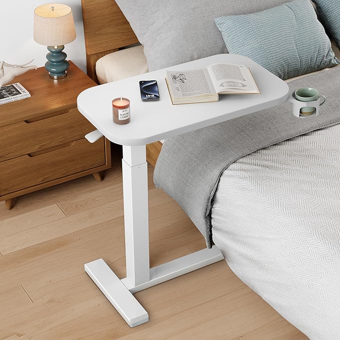 HUANUO 28Inch Bedside Table with Wheels, Height-Adjustable Rolling Computer Cart, Overbed Table with Cup Holder, Pneumatic Laptop Standing Desk for Home Office, White - Image 2