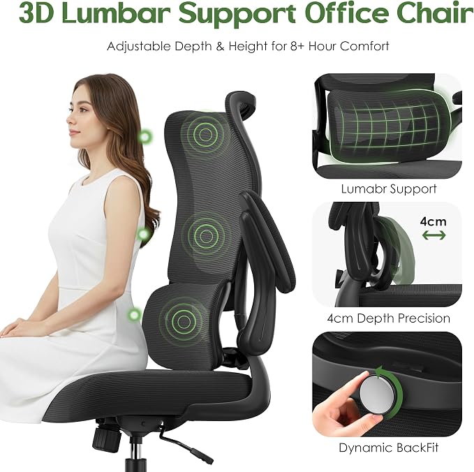 Office Chair Ergonomic Desk Chair - Comfy Mesh High Back Office Chair with Lumbar Support Wheel Home Desk Office Chairs Flip up Armrest Executive Rolling Swivel Task Computer Chair Black Silver - Image 4