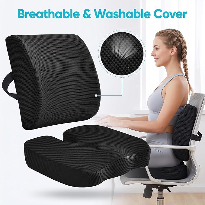 Ergonomic Seat Cushion & Lumbar Support Pillow Set for Office Chair | Memory Foam Car Seat Cushions, Chair Cushions relieves tailbone pain & lower back pressure for gaming chairs, Wheelchair - Image 4