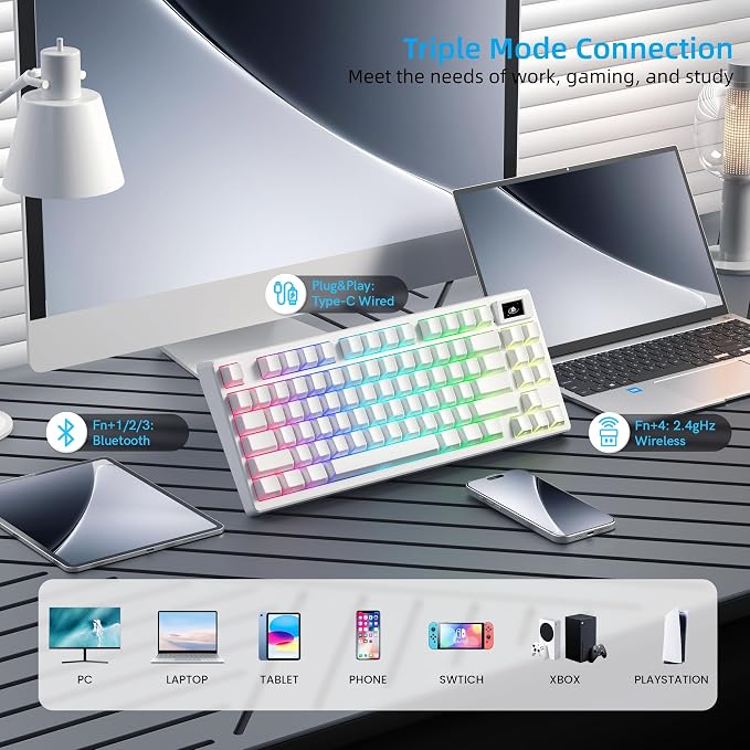 Womier 75% Wireless Mechanical Keyboard with Color Multimedia Screen | PC Gaming Keyboard, 3-Modes Hot Swappable Shine Through Manga Keyboard w/Wrist Rest, Gasket RGB Custom for Mac/Win (SK80 PRO） - Image 4