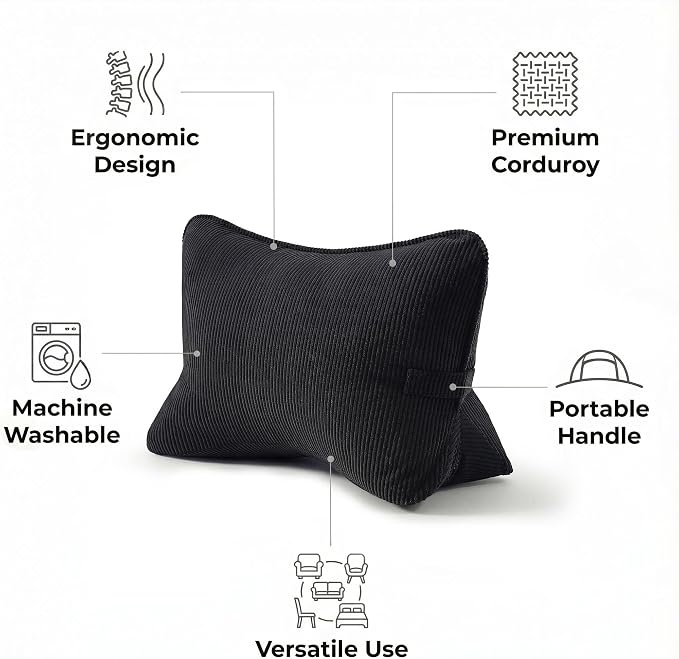 Pat. Pend. Corduroy Lumbar Support Pillow for Sitting, Triangle Cushion for Sofa, Couch or Bed, Reading Pillow for Gaming, Watching TV & Relaxing, Lamp Black - Image 3