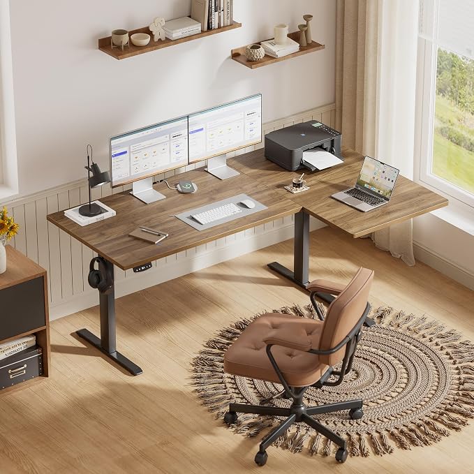 Agilestic 63 * 35 Inch Reversible L Shaped Electric Standing Desk, Walnut | Reversible left-right installation, L-shape Workspace, Sturdy Steel Frame, Memory Presets, Hooks, 176 lbs, Easy Assembly - Image 2