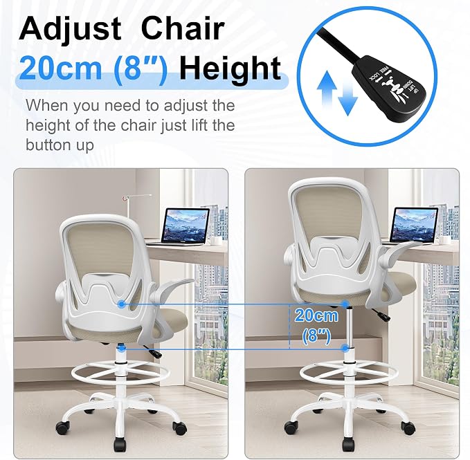 Drafting Chair Tall Office Chair with Flip-up Armrests, Adjustable Height, and Enhanced Lumbar Support - Ergonomic Rolling Stool, Back Support, and Adjustable Foot Rest Ring for Standing Desk Khaki - Image 6
