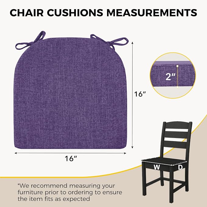 downluxe Indoor Chair Cushions for Dining Chairs, Soft and Comfortable Textured Foam Kitchen Chair Pads with Ties and Non-Slip Backing, 16" x 16" x 2", Purple, 4 Pack - Image 2