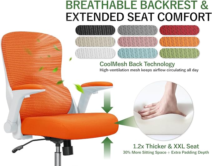 400LB Office Chair: Mesh Ergonomic Desk Chair Comfy with Lumbar Support | Computer Chair Ergonomic Gaming Chairs for Adults with Wheels&Flip up Armrests-Swivel Executive Task Chairs (Orange) - Image 3