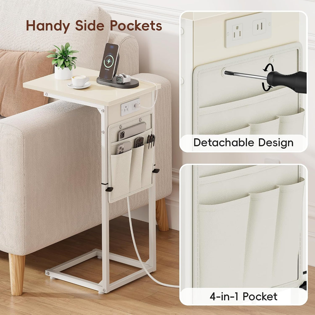 C Shaped End Table with Charging Station, Adjustable Height Side Table for Couch, Small Sofa Table C Table End Table, Slide Under Couch Table TV Tray Arm Table for Living Room, Bedroom, Cream - Image 6