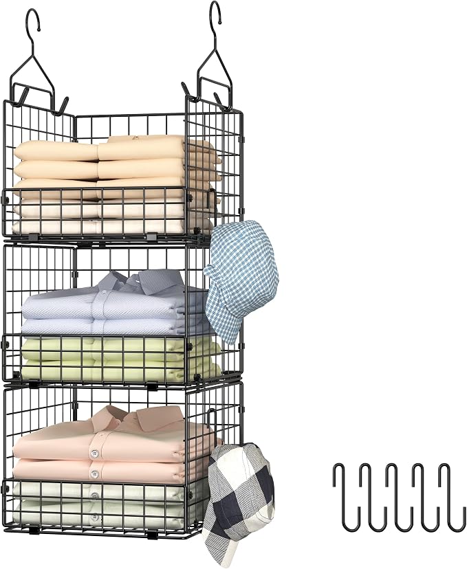 Sonyabecca 3-Tier Closet Organizers and Storage, Foldable Stackable Wire Basket Bins with 5 S Hooks, Space-Saving Hanging Closet Shelf for Clothing, Sweaters, Handbags, Hats,Purse by Sonyabecca