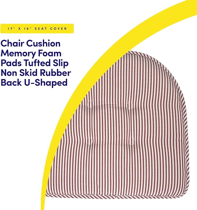 Sweet Home Collection Chair Cushion Memory Foam Pads Tufted Slip Non Skid Rubber Back U-Shaped 17" x 16" Seat Cover, 6 Count (Pack of 1), Pinstripe Burgundy - Image 3