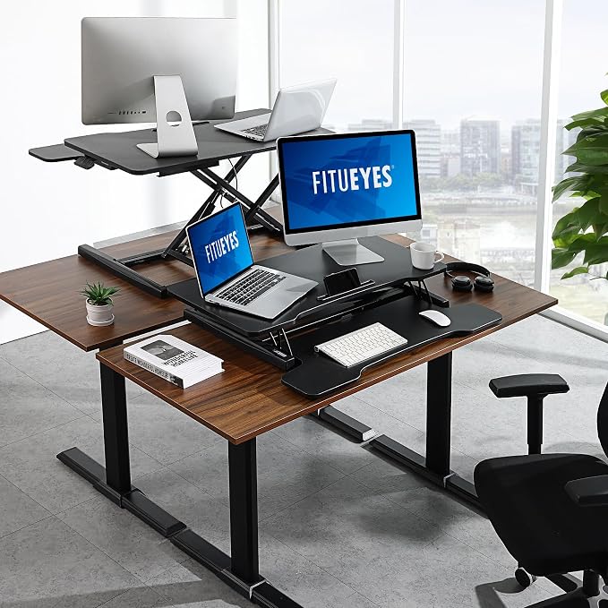 FITUEYES Height Adjustable Standing Desk 32” Wide Sit to Stand Converter | Standing Desk Converter,Stand Up Desk Riser,for Dual Monitor Riser,Tabletop Workstation for Home Office,Easy Assembly - Image 2