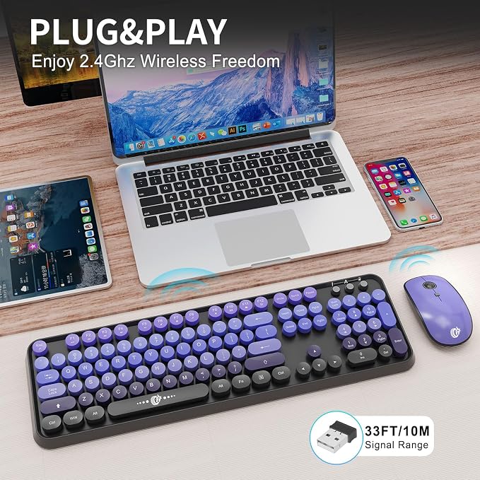 Wireless Keyboard and Mouse Combo, 104 Round Keys Cute Colorful Keyboard and Mouse with Retro Typewriter for PC Mac Laptop Tablet Computer Windows Black Purple - Image 5