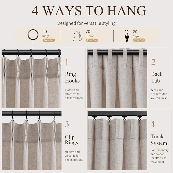 Hokibero Oatmeal Pinch Pleated Linen Curtains 108 Inch Long for Living Room | Light Filtering Sheer Curtain,Pinch Pleat Back Tab Hooks Rings,Farmhouse Textured Privacy Drapes for Bedroom Window,2 Panels - Image 4