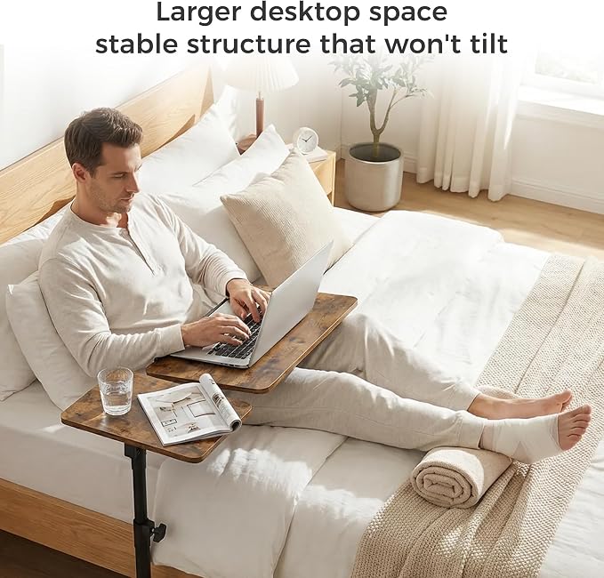 YUHFERA Rolling Table for Laptop Stand, Height and Angle Adjustable Over Bed Table with Wheels, Tilt-Top Laptop Desk for Couch with Cup Holder, Bed Table Tray for Eating (Brown) - Image 4