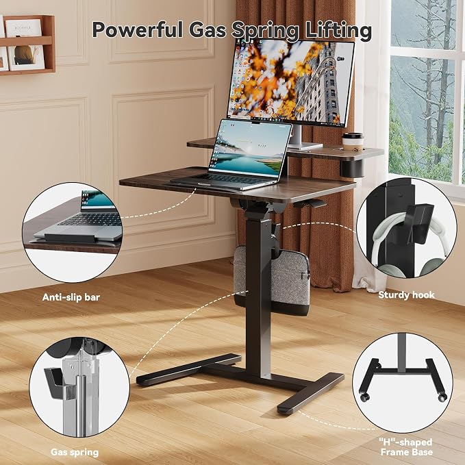 28" Mobile Standing Desk, Tiltable Top with 2-Tier Shelves, Walnut | Pneumatic Rolling Desk, Adjustable Height Computer Workstation, Sit Stand Portable Drafting Table & Laptop Cart on Wheels - Image 7