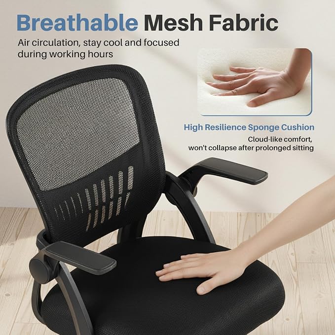 DUMOS Home Office Desk Chair, Computer Lumbar Support Chair | Ergonomic Mesh, Flip-up Armrest Height Adjustable, Rocking Mode 360 Swivel, Meeting Room, Black - Image 4