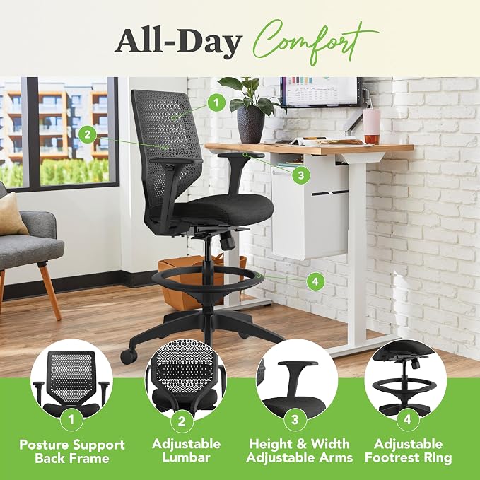 HON Solve Ergonomic Stool, Office Chair, Footring, ReActiv Back, Black | Standing desk chair with lumbar support, footring, adjustable arms, sit stand workstation seating for active work - Image 4