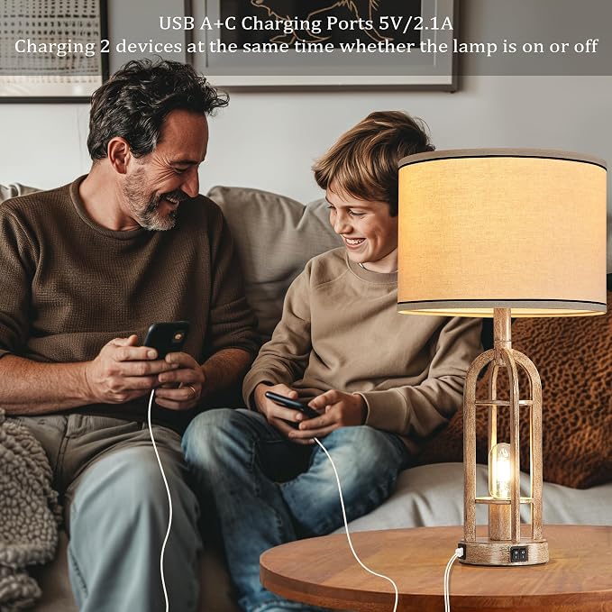 SRJJA Farmhouse Table Lamps for Living Room End Table Set of 2 - Rustic Bedside Lamps for Bedroom Nightstand with Night Light & USB A+C, Bulbs Included - Image 3