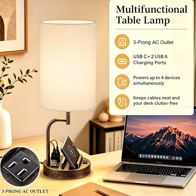 Dreamholder 2 Pack Table Lamp, Bedside Lamp with 3 USB Charging Ports & AC Outlet, USB Desk Lamp with 2 Phone Holders, Linen Fabric Shade Nightstand Lamps for Bedroom Living Room Office, Antique Brass - Image 3