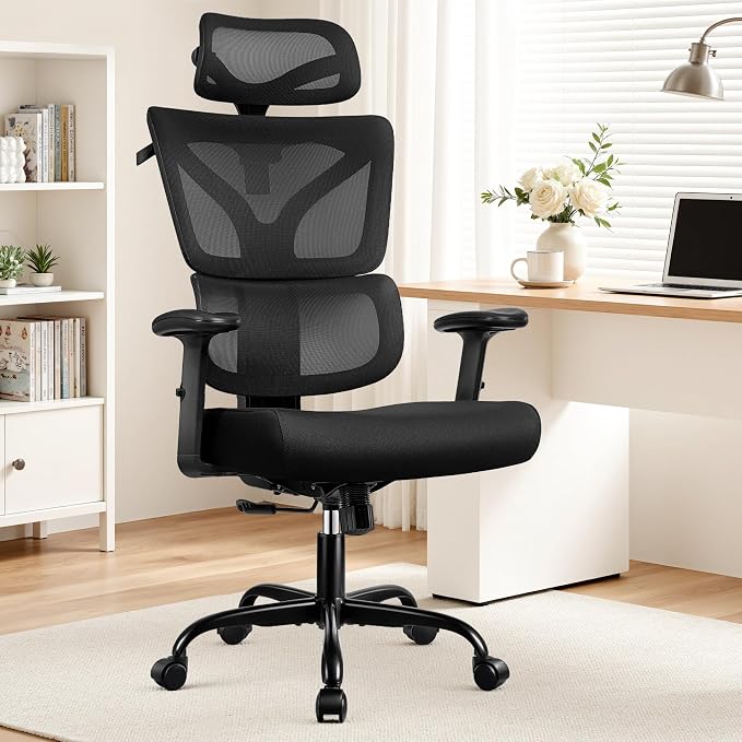 Ergonomic High Back Mesh Office Chair, Lumbar Support (Black) | Smooth 90° to 135° recline for work, read, or rest. Swivel big and tall gaming Chair. Adjustable armrest headrest height. - Image 9