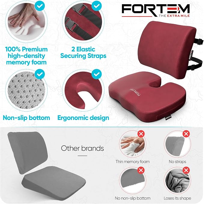 FORTEM Seat Cushion & Lumbar Support for Office Chair, Wheelchair, Car | Memory Foam | Ergonomic Design | Washable Cover | Non Slip | Red - Image 7