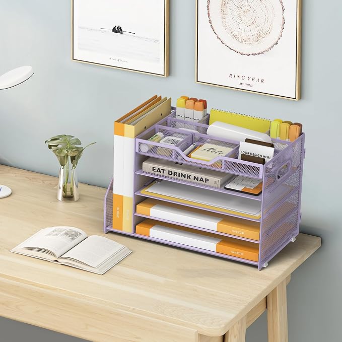 5 Tier Paper Letter Tray Desk Organizer with Pen Holders - Purple | Features 3 pen holders and 4 removable dividers.Versatile mesh desktop storage for mail, document,office supplie - Image 6