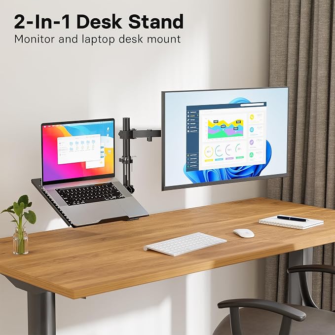 Redbat Monitor and Laptop Mount Stand, Fully Adjustable Monitor Arm with Vented Tray for 13" to 32" LCD Screens and Notebook up to 16", Holds up to 22lbs, VESA Compatible, Dual Mounting Options | Fully Adjustable Monitor Arm with Vented Tray for LCD Sc... - Image 2