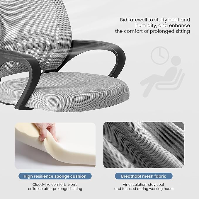 DUMOS Ergonomic Office Chair, Lumbar Support Mesh Desk Chair | Mid Back Mesh, Height Adjustable Fixed Armrest, Rocking Mode 360 Swivel Computer Gaming, Grey - Image 6