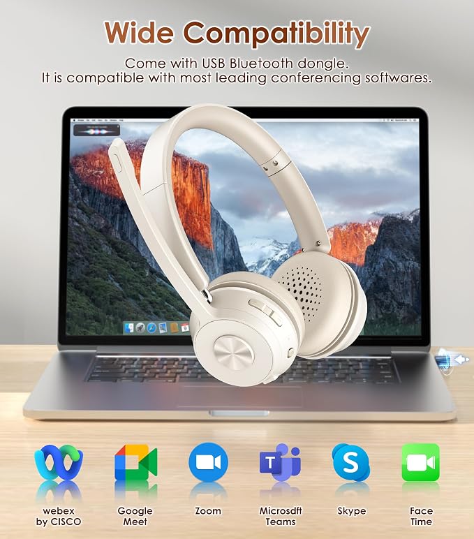 Wireless Headset with Mic for Work, Bluetooth Headset with Noise Cancelling | Headphones with Mic Mute & USB Dongle for PC/Computer/Laptop/Cell Phones/Remote Work/Call Center (Beige White) - Image 5