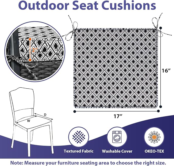 IPYNBAP Outdoor Chair Cushions Set of 4 -Waterproof Outdoor Seat Cushions for Patio Furniture, Patio Chair Cushion with Handle and Ties, Out Door Chair Pads,17x16x2-Square, Black Geometry - Image 6