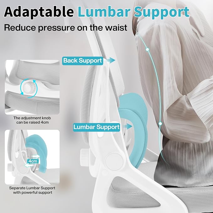Ergonomic Office Chair,Mesh Office Chair with Lumbar Support,High Back Desk Chair with Flip-up Arms,400 lbs Big and Tall Computer Chair with Headrest,Comfy Desk Chairs (Light Grey) - Image 3