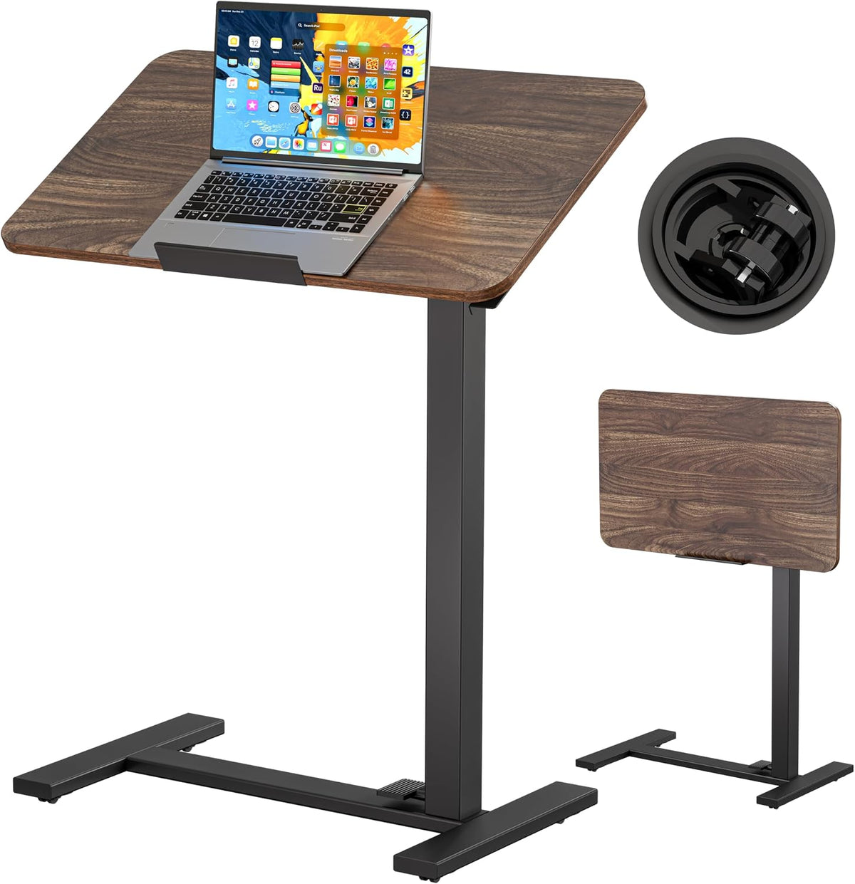 Mobile Standing Desk Laptop Desk Pneumatic with Wheels 180° Tilt Top Hospital Bed Table Portable Rolling Cart Foldable Bedside Table for Hospital&Home Use, Walnut by BIZUM