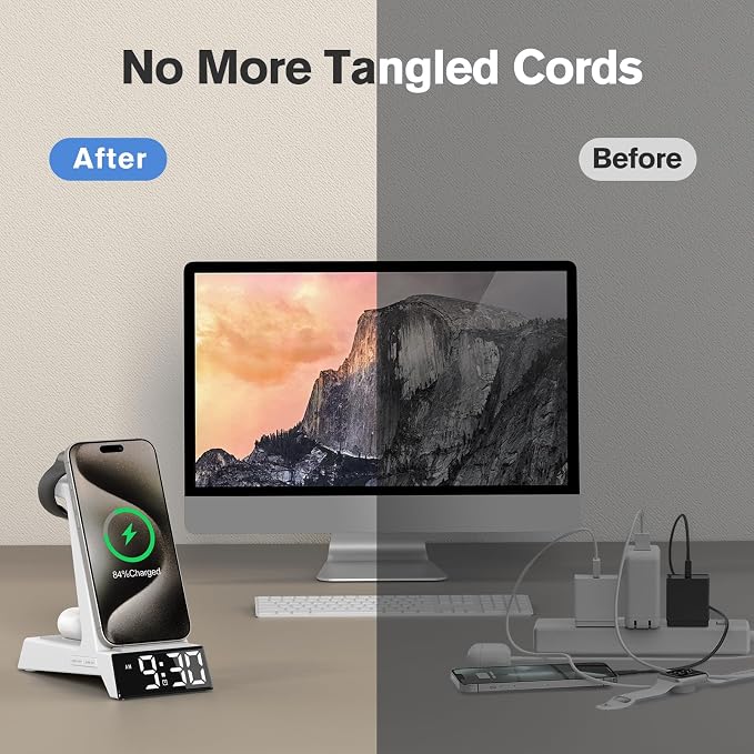 ANJANK 4 in 1 Alarm Clock with Wireless Charging, Wireless Charger Station for Multiple Devices Apple,Charging Dock for iPhone 17 16 15 14 13 12 Pro Max Series, Apple Watch, AirPods Pro 3/Pro 2/4/3/2 - Image 7
