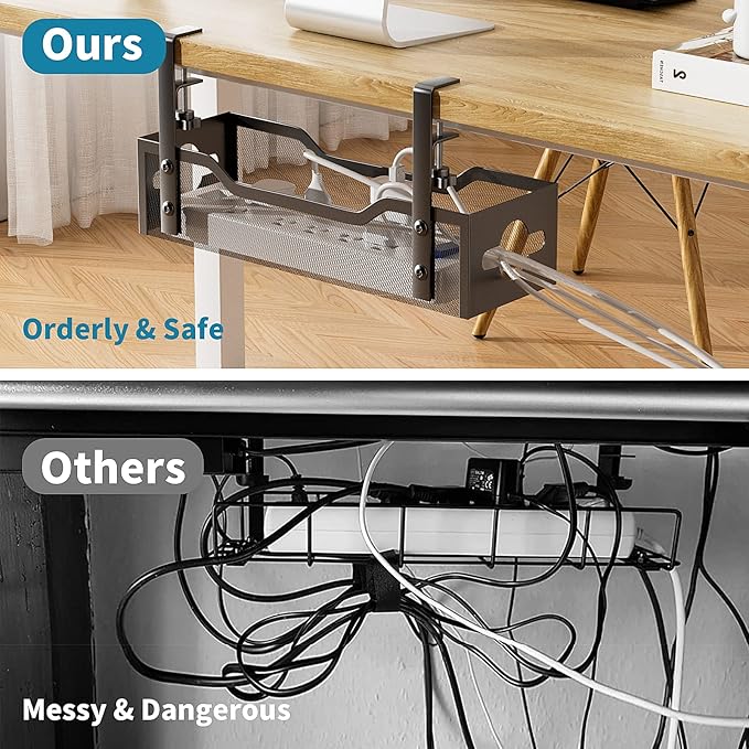 Litwaro Under Desk Cable Management Tray 2 Pack, No Drill, Organizer with Clamp Easy to Install for Standing Cord Organizer, Wire Damage Desk, Black, 13.38''-2 pack - Image 6