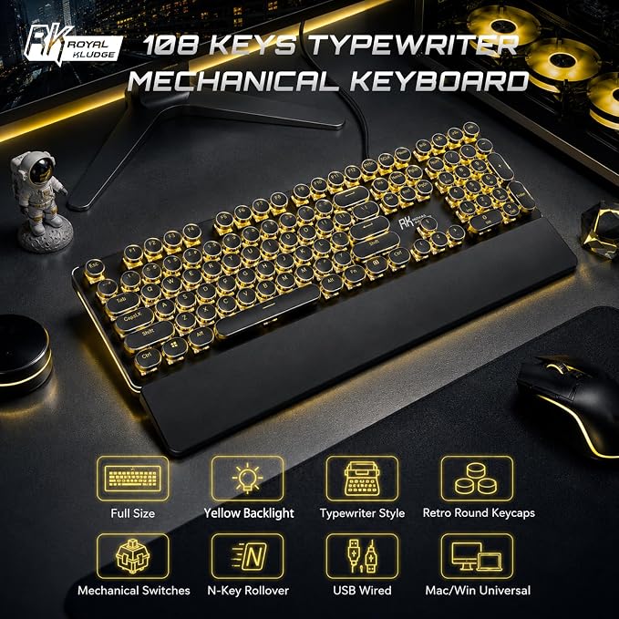 RK ROYAL KLUDGE S108 Typewriter Mechanical Keyboard, Wired Gaming Keyboard with Number Pad, Full Size Retro Keyboards w/Detachable Wrist Rest for Mac/Win/PC, Clicky Blue Switch, Yellow Backlit Black - Image 2