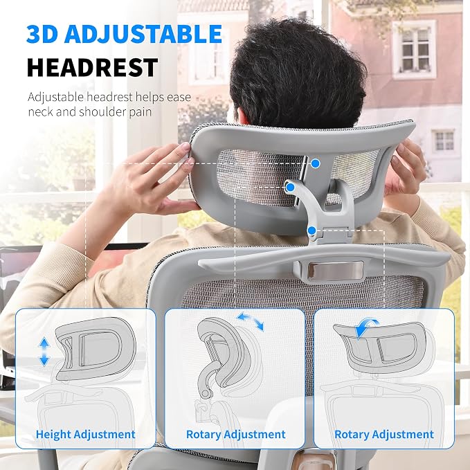 Mesh Ergonomic Office Chair with Footrest, Grey | 6D Armrests High Back Mesh Gaming Chair with Lumbar Support,Adjustable 3D Headrest for Home Office Desk Chair - Image 5