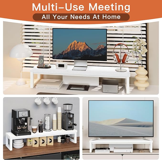 Dual Monitor Stand Riser, Large Computer Monitor Stand for 2 Monitors, Multi-Purpose Desk Organizers and Accessories, Wood and Steel Desk Shelf for Computer, Laptop, Printer, TV, White - Image 5
