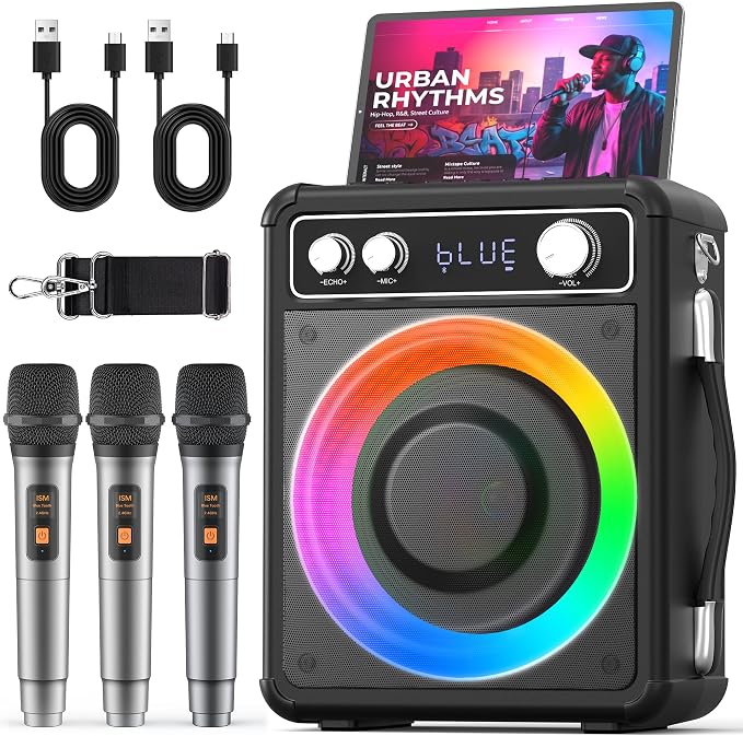 VOSOCO Karaoke Machine, Bluetooth Speaker with 3 Rechargeable Microphones | 2026 Portable PA System for adults with LED Light, Supports TWS Echo TF USB AUX Inputs for Birthday Home Party Outdoor Travel by VOSOCO