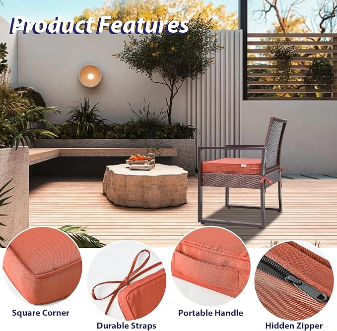 IPYNBAP Outdoor Chair Cushions Set of 4 -Waterproof Outdoor Seat Cushions for Patio Furniture, Patio Chair Cushion with Handle and Ties, Out Door Chair Pads,19x19x3-Square, Spice - Image 5